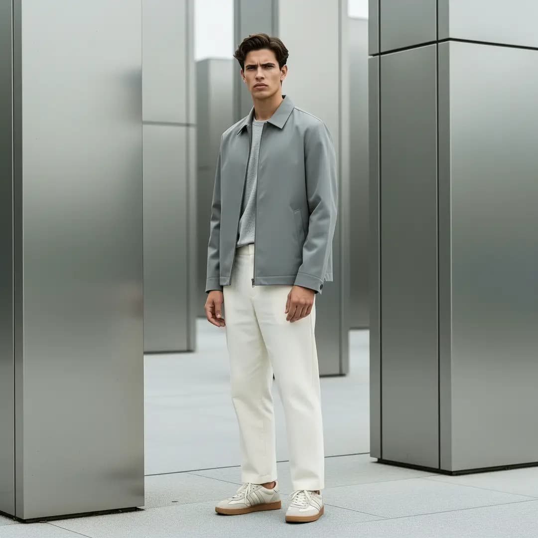 Streetwear lookbook frame of an adult in a structured jacket