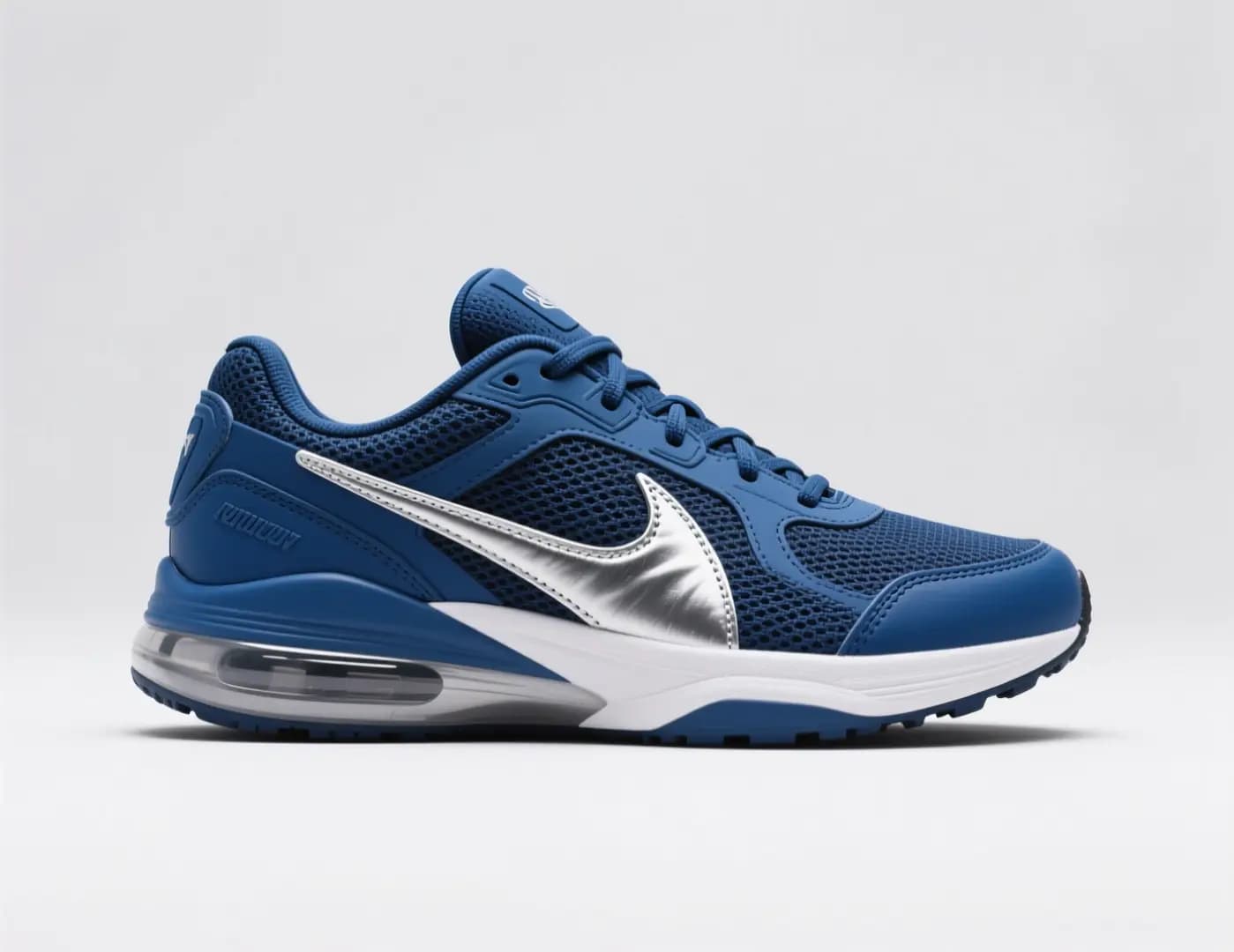 Navy athletic sneaker with a pale sole on a plain background