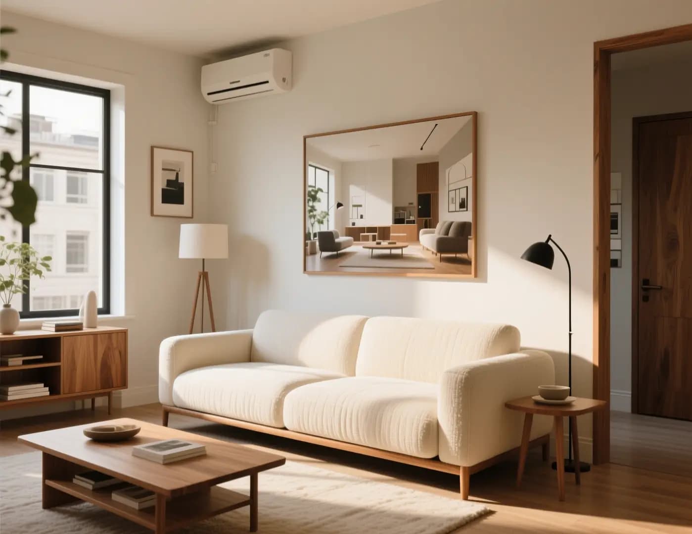 Neutral living room with sofa, plants, and even daylight