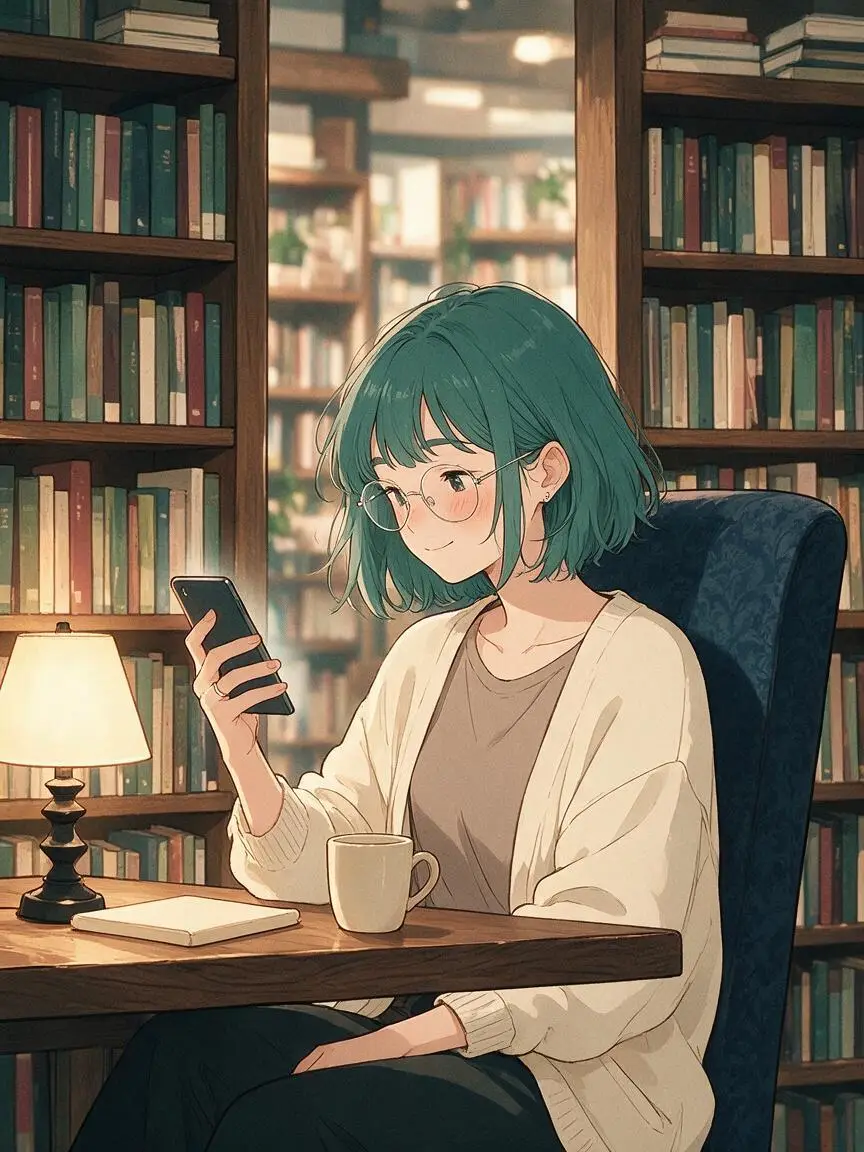 Girl with glasses in a bookstore