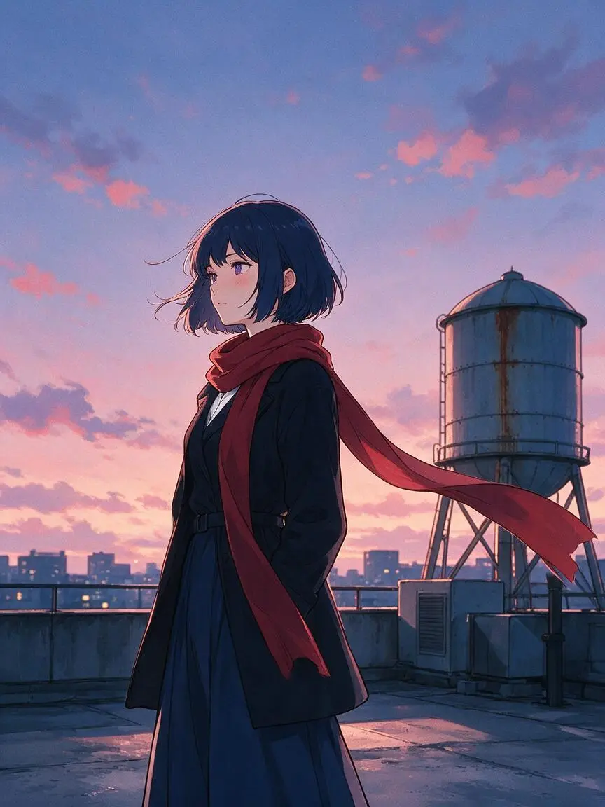 Girl in a hoodie on a rooftop at dusk