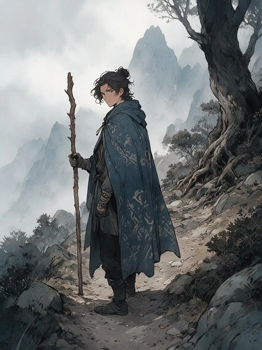 Traveler with a staff on a misty mountain path